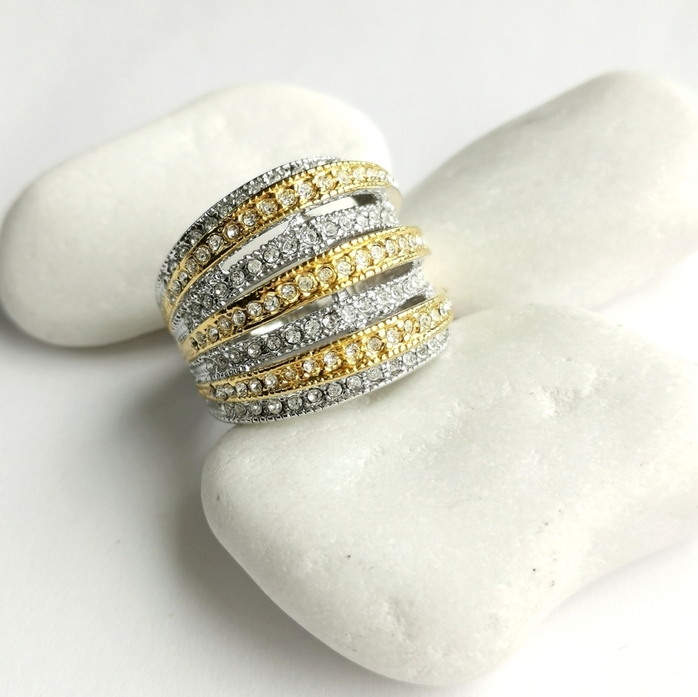 Silver gold cz dome ring sz 8